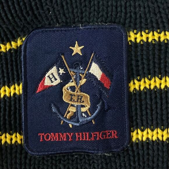 Vintage TOMMY HILFIGER Sweater Men M Stripe Navy Yellow Logo-Crest Thick Knit - Picture 4 of 8